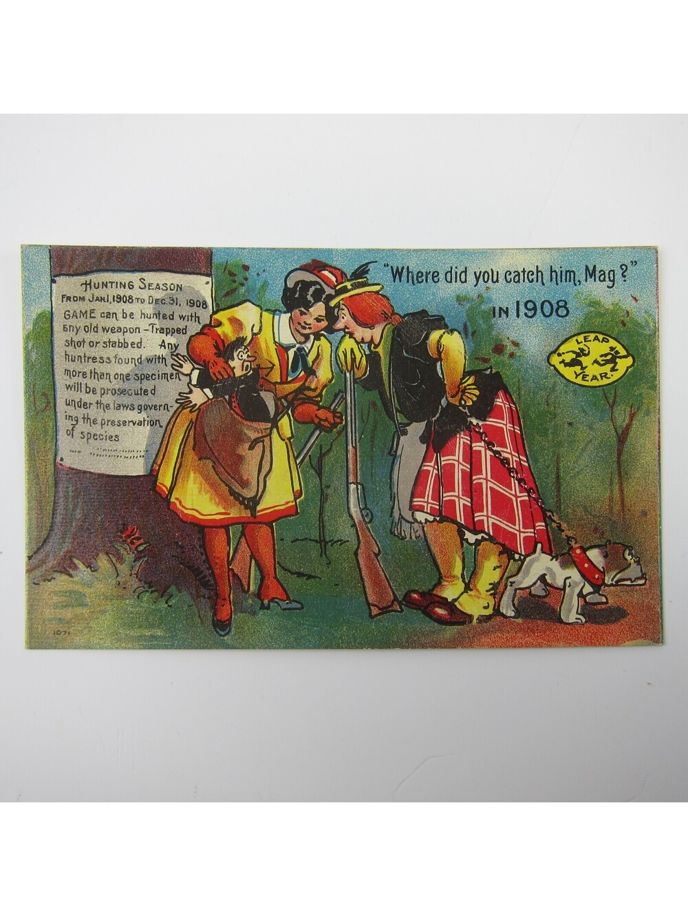 Leap Year Women Hunt Men Marriage Riffle Dog Comic Humor Unposted Antique 1908